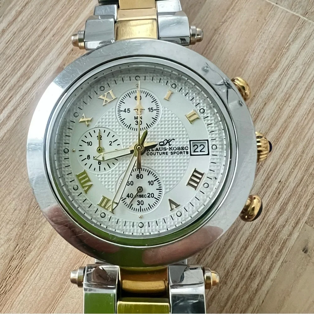 Klaus Kobec couture sports two tone chronograph dress watch NEW BATTERY
